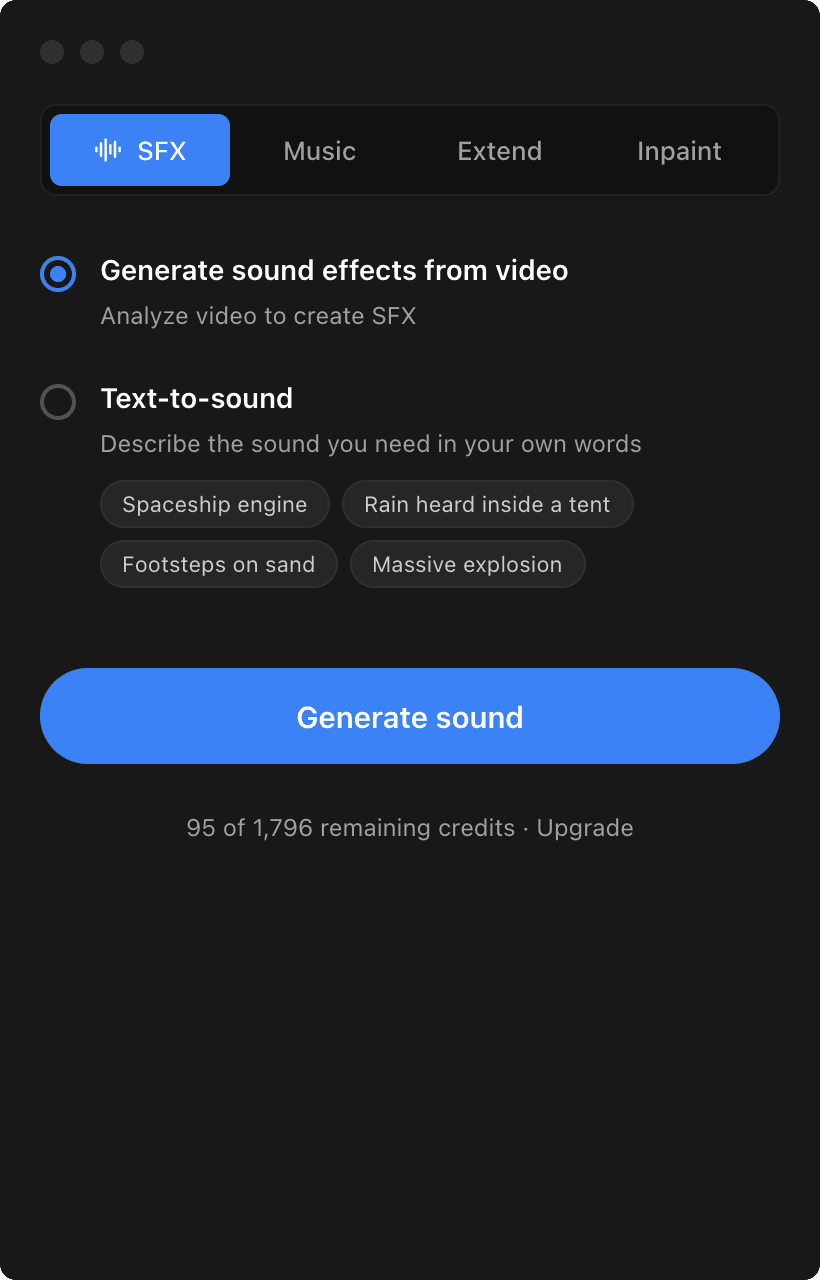 Mirelo plugin interface showing SFX generation options