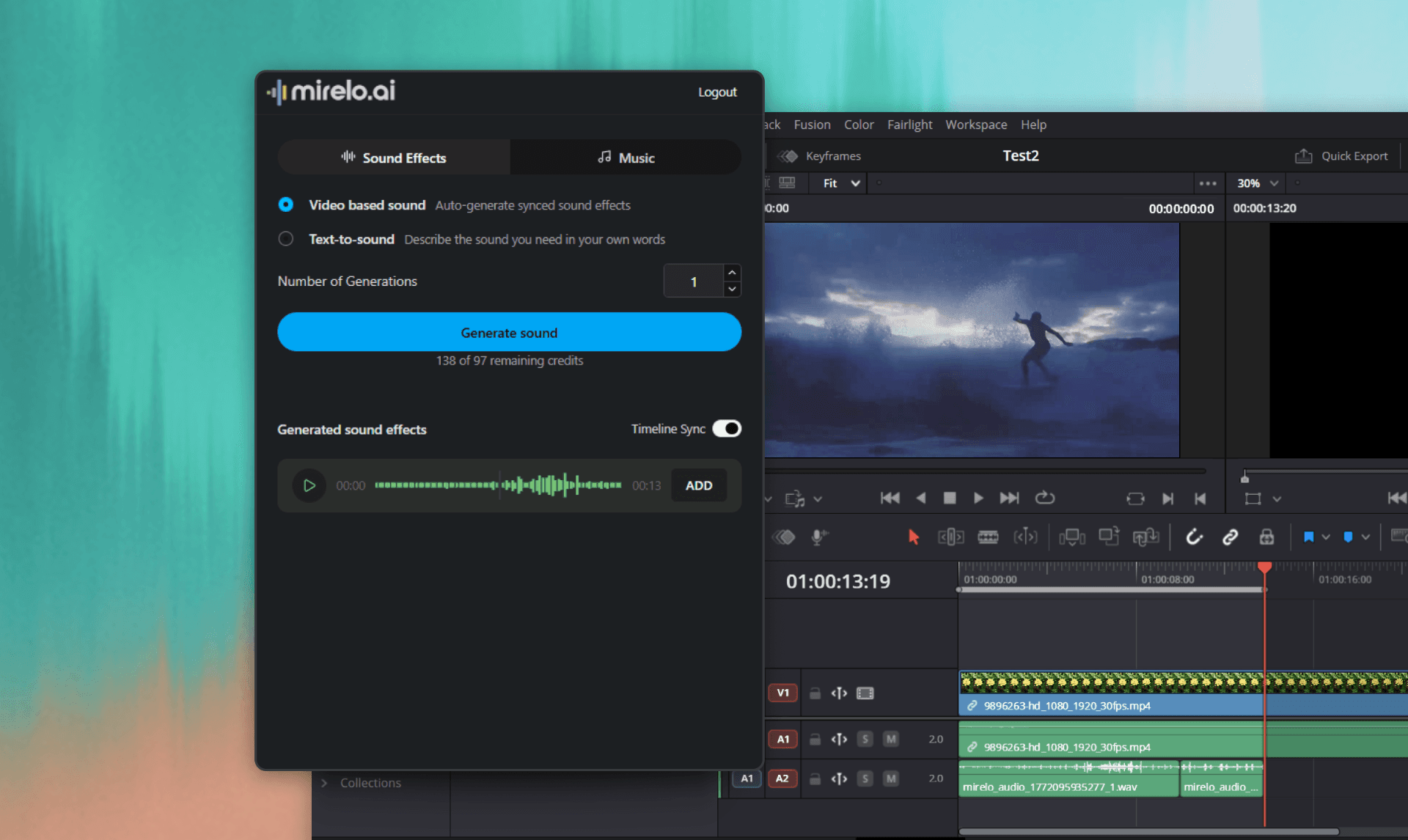 Mirelo AI plugin inside DaVinci Resolve